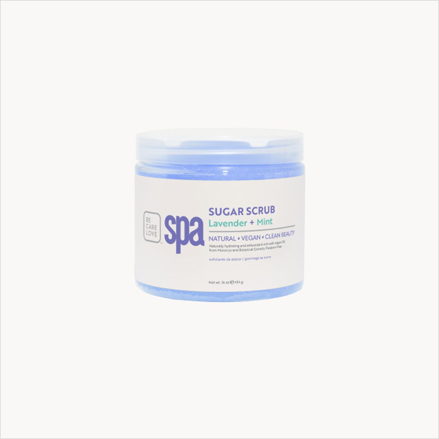 Botanical sugar scrub with lavender and mint for exfoliating and moisturizing