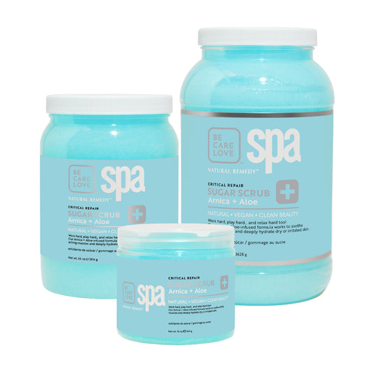 Botanical sugar scrub with arnica and aloe for exfoliating and hydrating rough skin