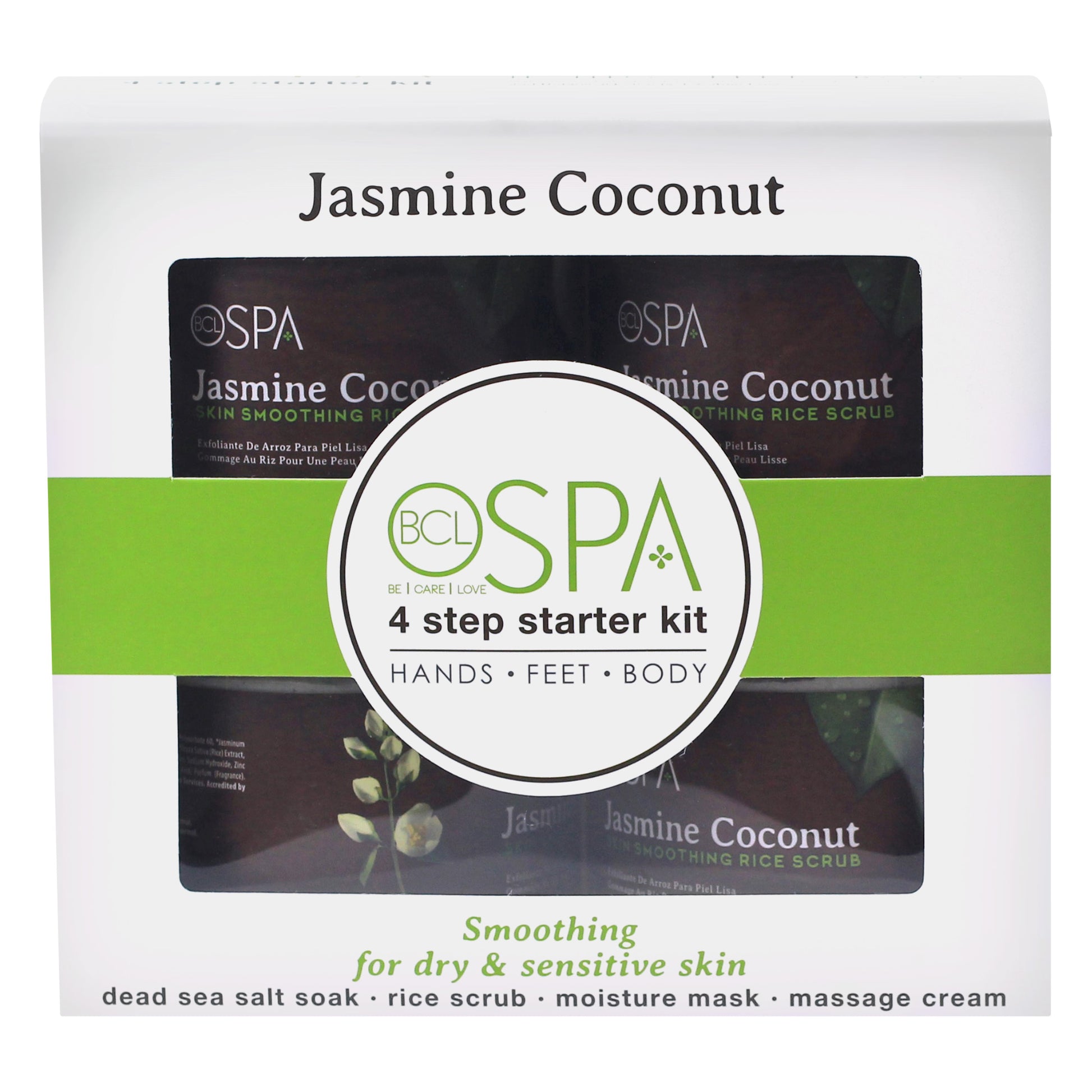 Organic jasmine and coconut 4-step spa kit for softening and hydrating skin