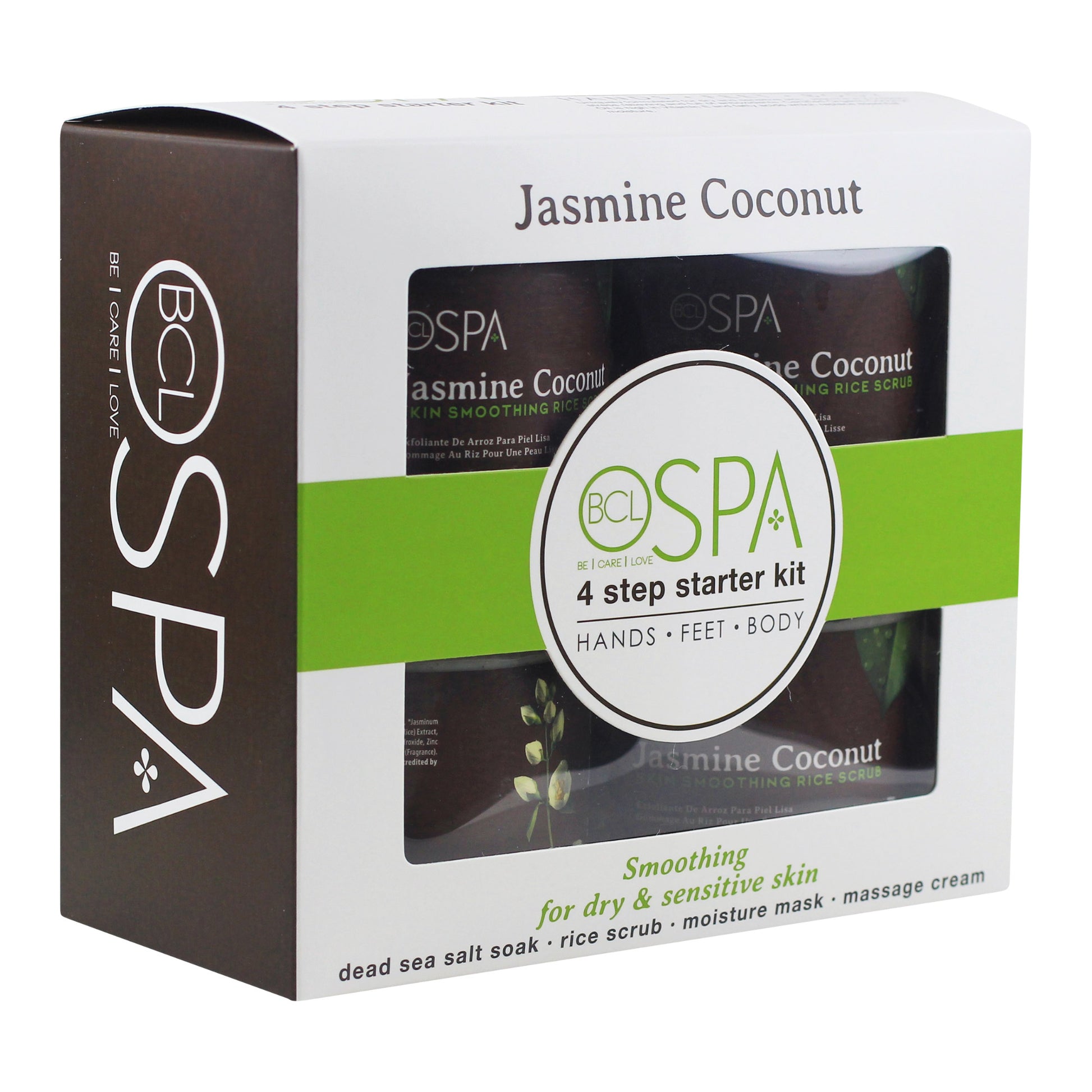 Organic jasmine and coconut 4-step spa kit for softening and hydrating skin