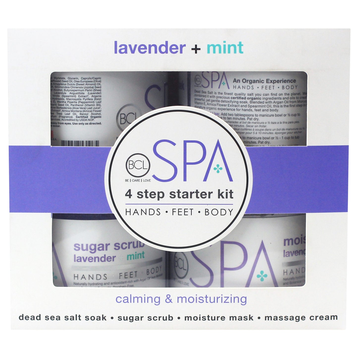 Organic lavender and mint 4-step spa kit for soothing and hydrating skin