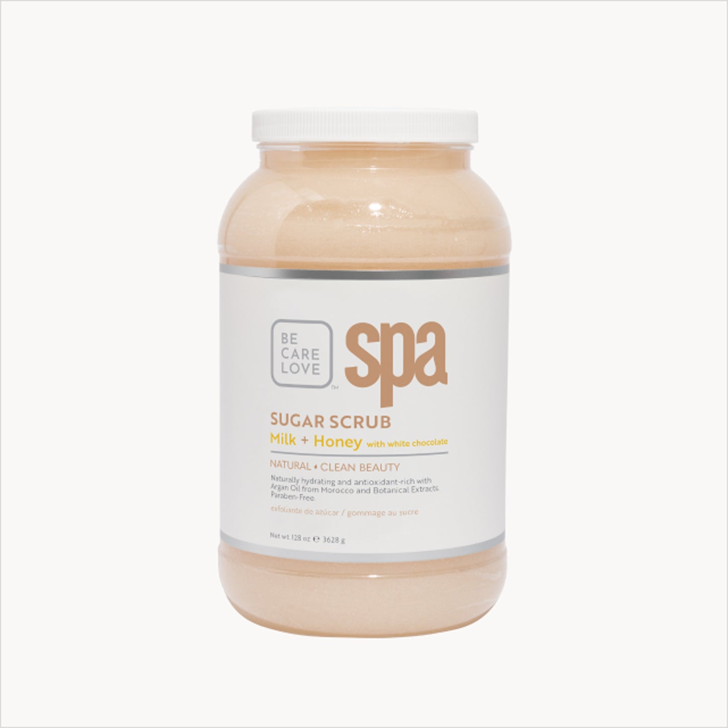 Creamy sugar scrub with milk, honey, and white chocolate for soft, hydrated skin