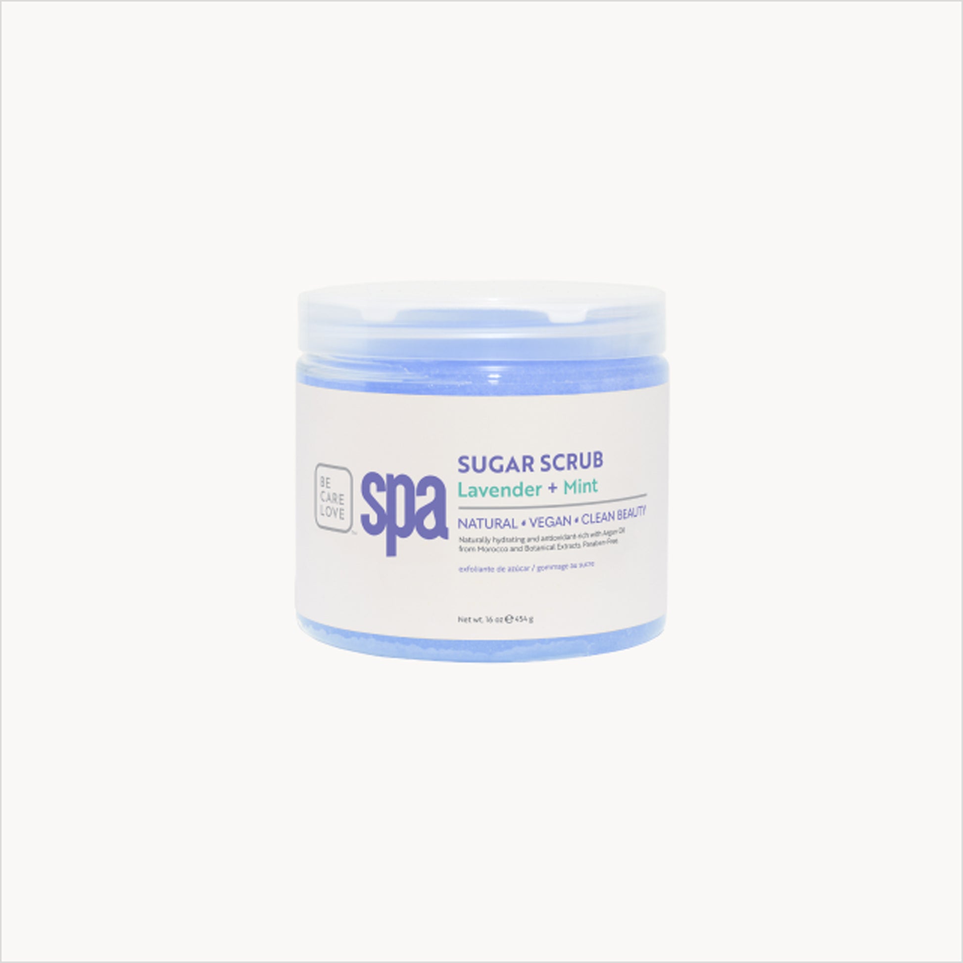 Botanical sugar scrub with lavender and mint for exfoliating and moisturizing