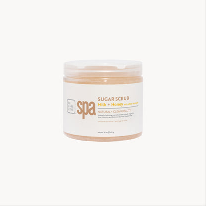 Creamy sugar scrub with milk, honey, and white chocolate for soft, hydrated skin