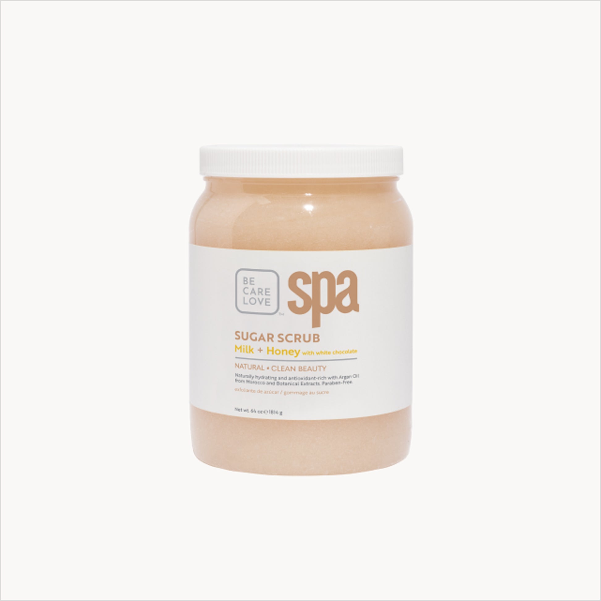 Creamy sugar scrub with milk, honey, and white chocolate for soft, hydrated skin