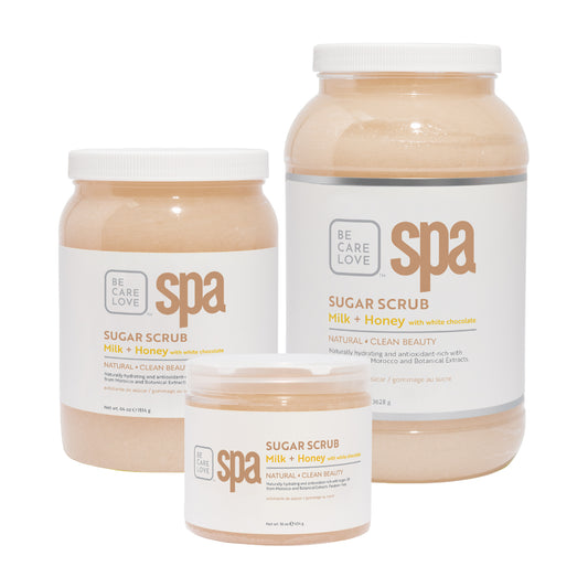 Creamy sugar scrub with milk, honey, and white chocolate for soft, hydrated skin